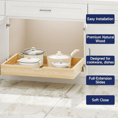 Pull Out Cabinet Organizer, 31.5 in W x 21 in D Solid Wood Slide Out Drawer, Soft Close Sliding Shelf, Bottom or Side Mount for Kitchen Pantry Bathroom, Fits 32.5 in Cabinet Opening - size: 31½” W × 4"H x 21” D