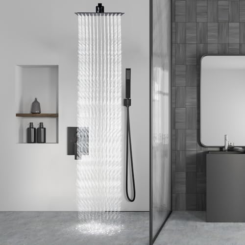Aolemi Shower Faucet Set with Handheld Matte Black 8 Inch Head | Pressure Balance Shower Valve and Trim Kit,SUS304 Rain Head and Handle System,All Metal,Wall Mount,Bathroom,Handheld Spray - color: Black, size: 8 Inch Wall Mount Shower Head