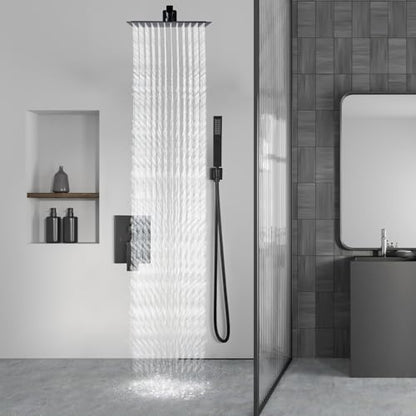 Aolemi Shower Faucet Set with Handheld Matte Black 8 Inch Head | Pressure Balance Shower Valve and Trim Kit,SUS304 Rain Head and Handle System,All Metal,Wall Mount,Bathroom,Handheld Spray - color: Black, size: 8 Inch Wall Mount Shower Head