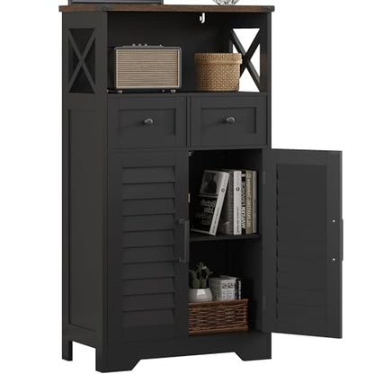 ChooChoo Farmhouse Storage Cabinet, Bathroom Floor Cabinet with Doors and Drawers, Kitchen Pantry Cabinet for Living Room, Laundry, Black
