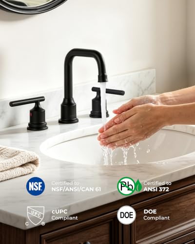 WOWOW Black Bathroom Faucet 3 Hole, Widespread Vanity Sink Faucets 8 Inch | Copper Inlet Matte Black Faucet for Bathroom Sink with Swivel Spout, Two Handles Lavatory Tap with Drain and cUPC Supply Line - color: Black, style: Upgrade-8 Inch