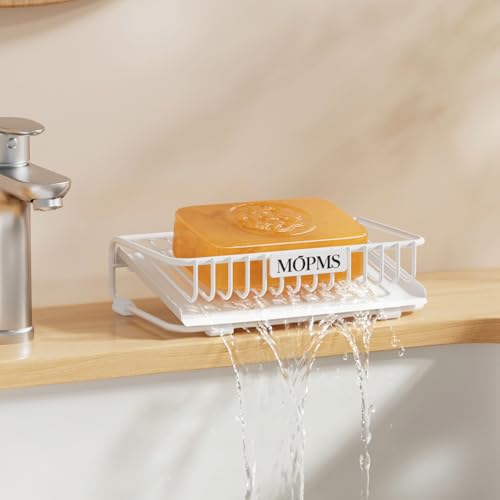 MOPMS Self Draining Soap Dish, Carbon Steel Bar Soap Holder for Shower | Waterfall Design Soap Saver for Bathroom, Kitchen Sink and Countertop, Sponges, Dispensers, White - color: White