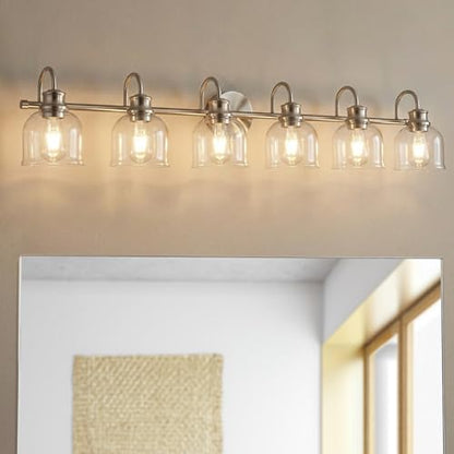 URSOLA 6 Lights 48" Bathroom Vanity Light Fixtures, Brushed Nickel Traditional Classic Vanity Light with Clear Glass, Bathroom Lighting Fixtures Over Mirror - color: Brushed Nickel, size: 6 Lights