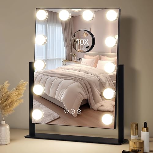 Vanity Mirror with Lights,Makeup Mirror with Lights,3 Color Lighting Modes Detachable 10X Magnification Mirror Touch Control,360°Rotation,White - color: Black, size: 14.6"L x 18"W