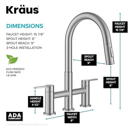 KRAUS Oletto Bridge Kitchen Faucet with Pull-Down Sprayhead in Spot-Free Stainless Steel, KPF-3122SFS - color: Spot Free Stainless Steel, style: Bridge Faucet