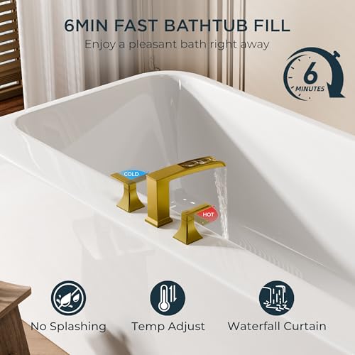 FORIOUS Roman Bathtub Faucet 3 Hole Deck Mount with 2 Handle Brushed Gold | Tub Faucet for 3-Hole Set, 6-12" Centered Distance, Widespread Garden Bath Tub, Waterfall Spout, High Flow, Brass - color: Brushed Gold