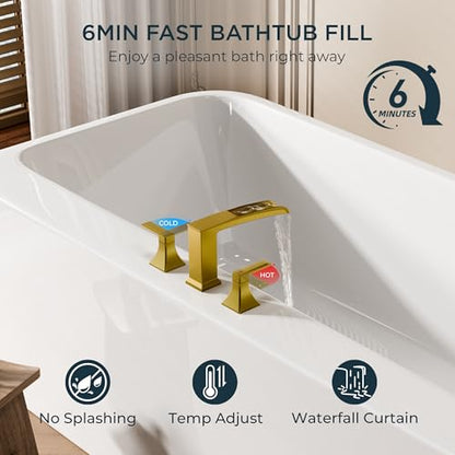 FORIOUS Roman Bathtub Faucet 3 Hole Deck Mount with 2 Handle Brushed Gold | Tub Faucet for 3-Hole Set, 6-12" Centered Distance, Widespread Garden Bath Tub, Waterfall Spout, High Flow, Brass - color: Brushed Gold