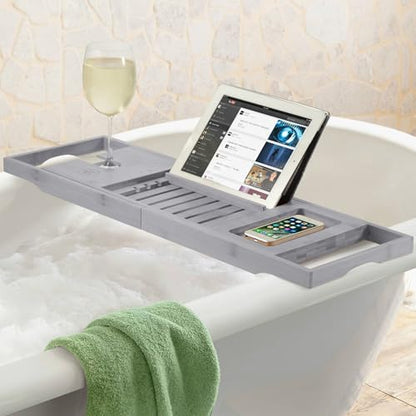 Bamboo Bathtub Caddy - Expandable Wood Tub Tray with Wine Holder, Book & Tablet Stand - Spa Accessories for Relaxation, Tub Shelf Table, Gift Idea for Her & Him (Gray)