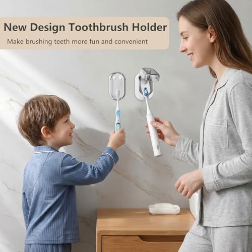 Wall Mounted Toothbrush Holder 2 Pack, with Cover for Bathroom | Automatic Opening & Closing, Dustproof & Waterproof, Self Adhesive, No Drilling, ABS Material, for Family Toothbrush Storage - size: 2-Pack