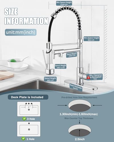 Kitchen Faucet with Soap Dispenser, Kitchen Faucet with Deck Plate and Dual Function Spray Head, Chrome Faucet for Camper Farmhouse RV Kitchen Sink, Single Handle Stainless Steel Sink Faucet - color: E.Chrome Polished, style: 1.Faucet+Soap Dispenser+Hole