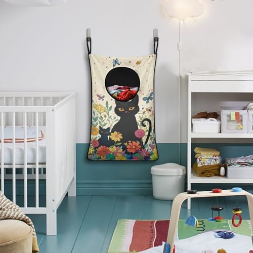ZOUTAIRONG Black Cat Flower Hanging Laundry Hamper Kids Girls Laundry Basket Laundry Hamper Space Saving Home Storage Organizer Clothes Hampers - color: Black Cat Flower