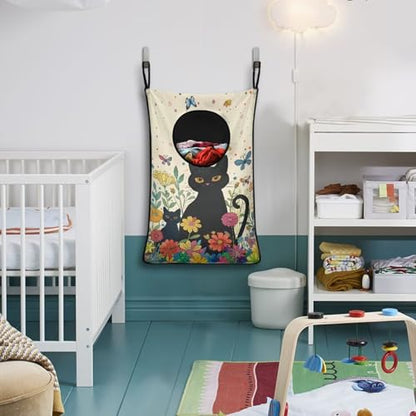 ZOUTAIRONG Black Cat Flower Hanging Laundry Hamper Kids Girls Laundry Basket Laundry Hamper Space Saving Home Storage Organizer Clothes Hampers - color: Black Cat Flower