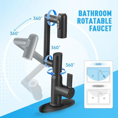 Bathroom Sink Faucet, Rotatable Faucet with Temperature Display in Celsius(Batteries-Free), 1080° Swivel | 3 Water Modes Black Faucet for Bathroom Kitchen Rv, LCF-2401, Matte Black - color: Matte Black - Celsius