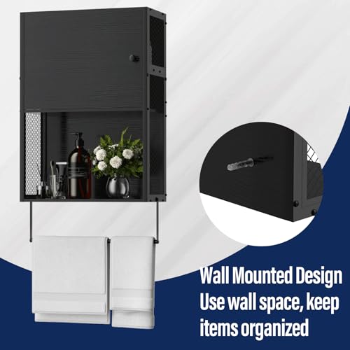 ETELI Small Bathroom Wall Cabinet Bathroom Storage Cabinet Wall Mounted with Door 3 Tier Medicine Cabinet Hanging Bathroom Storage Shelf Over Toilet with Towel Bar for Small Space Bathroom, Black