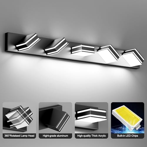Ralbay Black Vanity Light Fixtures 40.5inch 5-Light Acrylic Modern LED Matte Black Bathroom Wall Vanity Lighting Fixtures Over Mirror - color: Black, size: 40.5 inch