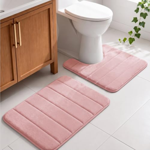 U-Shaped Toilet Bath Mat Set 2 Piece - Super Soft Absorbent Quick Dry Memory Foam Bathroom Rugs, Machine Washable Non Slip Floor Carpet for Tub Shower & Single Sink 16x24 & 20x20,(Pink) - color: Pink