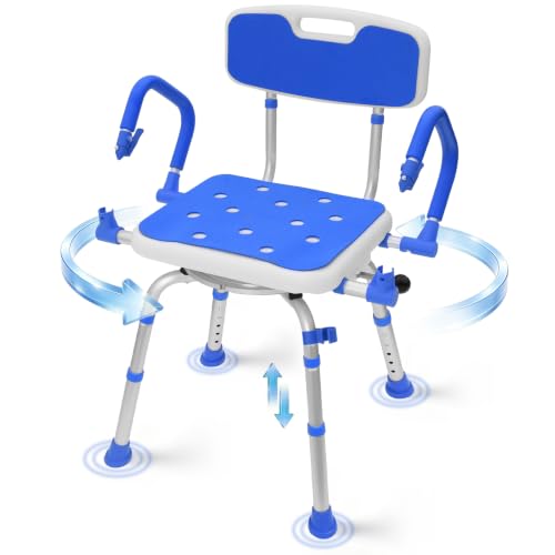 Swivel Shower Chair with Armrs and Back for Elderly Disabled | Heavy Duty Shower Stool with Flip-Up Armrests for Seniors ,Adjustable Height Bath Chair for Inside Shower Bathroom,Blue - color: Blue