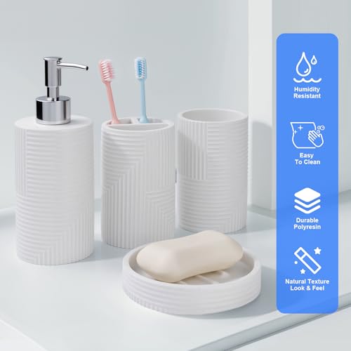 5 Pack Bathroom Accessories Set, White Resin Bathroom Set | Resin Soap Dispenser and Toothbrush Holder Set, Tumbler & Soap Dish, Cotton Swab Jars, Modern Bathroom Decor Sink Sets