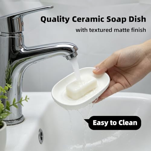 Ceramic Soap Dishes for Bar Soap- Matte White Textured Finish Bar Soap Holder for Bathroom Kitchen Sink & Shower - Easy to Clean Simple Oval Soap Dish Soap Tray for Soap Bars, Sponges, Jewelry - color: White- Textured Matte