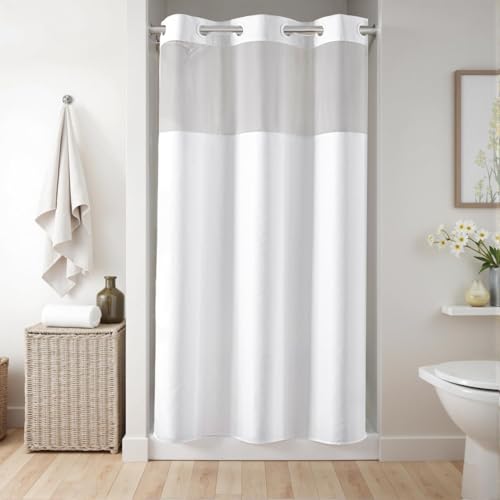 River Dream White No Hook Fabric Shower Curtain or Liner with Sheer Window | No Liner Included or Needed, One-Piece Design, Hotel-Quality for Stall Bathroom, Water Repellent, Machine Washable, 36x74 - color: White, size: 36"W x 74"L (Pack of 1)