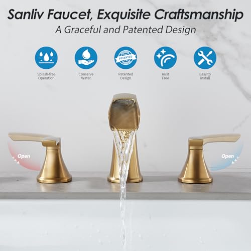 Brushed Gold Waterfall Bathroom Faucet, Sanliv 3-Piece Widespread Bathroom Sink Faucets, 2-Handle Vanity Faucet for 3-Hole Sinks 4-8 Inch with Pop-Up Drain, Brushed Gold - color: Brushed Gold