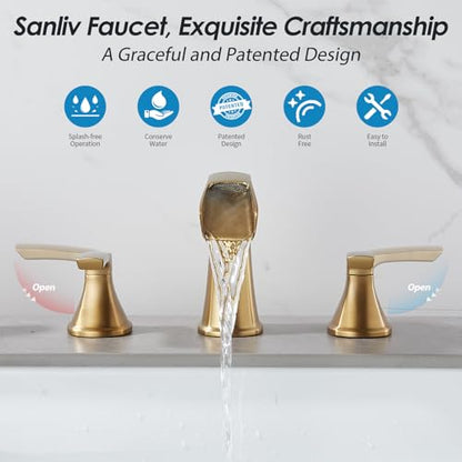 Brushed Gold Waterfall Bathroom Faucet, Sanliv 3-Piece Widespread Bathroom Sink Faucets, 2-Handle Vanity Faucet for 3-Hole Sinks 4-8 Inch with Pop-Up Drain, Brushed Gold - color: Brushed Gold