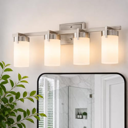 4-Light Bathroom Vanity Light, Brushed Nickel Vanity Light with Frosted Glass Shades, E26 Base Bathroom Light Fixture, Dimmable, Up or Down Wall Mount Lighting for Bathroom Mirror - color: Brushed Nickel