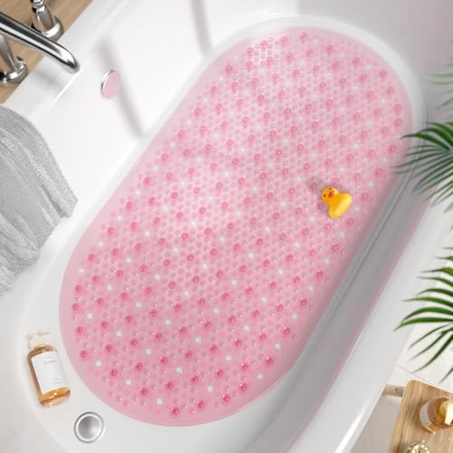 HITSLAM Oval Bath Mat for Tub, 27x15 Inch Bubble Bathtub Mat Non Slip, Machine Washable Bathroom Shower Mat with Drain Holes and Suction Cups, Bathroom Accessories Pink - color: Pink, size: 27" x 15" (Oval)