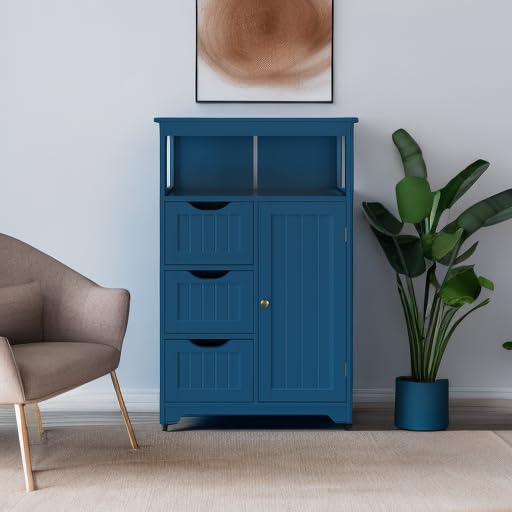 Topeakmart Free Standing Wood Bathroom Floor Cabinet, Navy Blue | Storage Cabinet with 3 Drawers and Cupboard, for Hallway/Entryway/Living Room Accent Furniture - color: Navy Blue