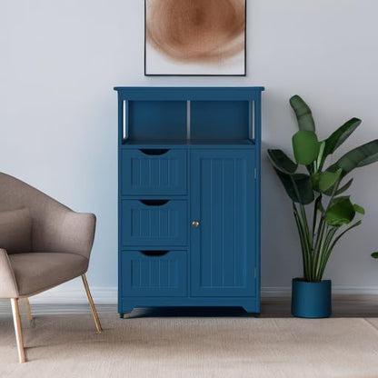 Topeakmart Free Standing Wood Bathroom Floor Cabinet, Navy Blue | Storage Cabinet with 3 Drawers and Cupboard, for Hallway/Entryway/Living Room Accent Furniture - color: Navy Blue
