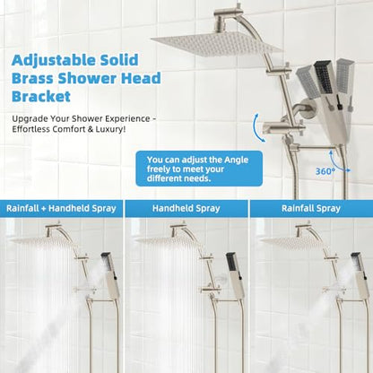 Hibbent All Metal CUPC Certified 8'' Rainfall Shower Head, Dual Shower Head Combo, High Pressure Handheld 4 Sprays Shower Wand, 16'' Adjustable Extension Arm, 71'' Hose, Shower Holder, Brushed Nickel - color: Brushed Nickel, style: Square 8''