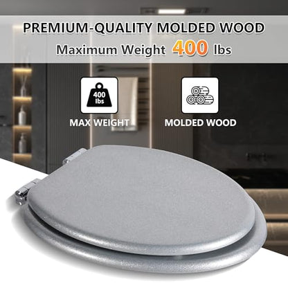 Angol Shiold Glitter Toilet Seat Molded Wood Elongated Toilet Seat with Quietly Close and Quick Release Hinges, Easy to Clean also Easy to Install (Elongated 18.5'', Silver) - color: Silver, size: Elongated 18.5‘’