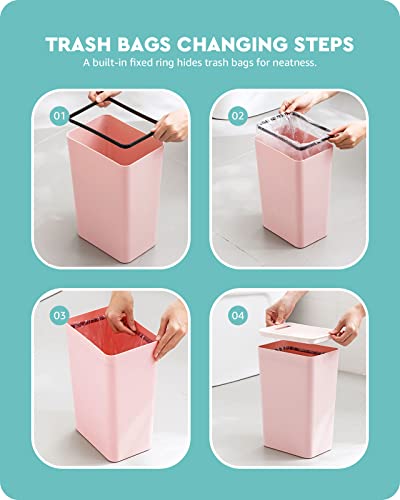 Baffect Small Pink Trash Can with Lid for Bathroom, Dorm (2.1 Gal, Plastic) | Lidded Waste Basket For Office, Slim Garbage Can For Girl Bedroom, Cute Pink Essentials For Nursery Room