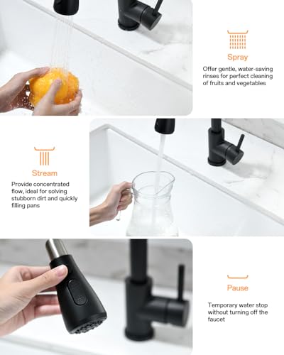 Kitchen Faucet with Pull Down sparyer,Leak Proof, Matte Black | 304 Stainless Steel,10-Min DIY Install,23-Inch Pull-Down Hose,2-Function Spray,360° Swivel Spout - color: Matte Black, size: 15.2 Inches