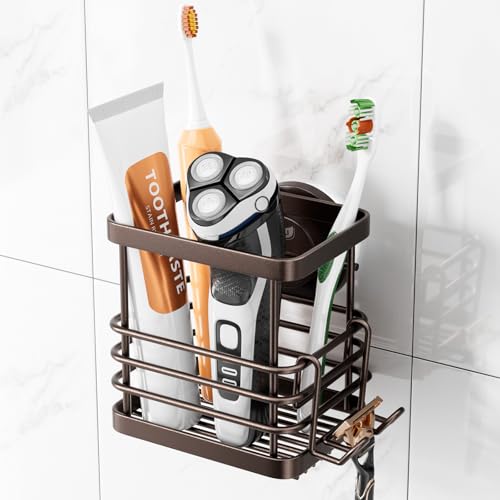 TAILI Patented Suction Cup Toothbrush Holder, Stainless Steel Anti-Puddling Toothbrush Shower Holder, No Drilling Removable Organizer for Bathroom Toothpaste, Razor, Kitchen and Office Items, Brown - color: Brown
