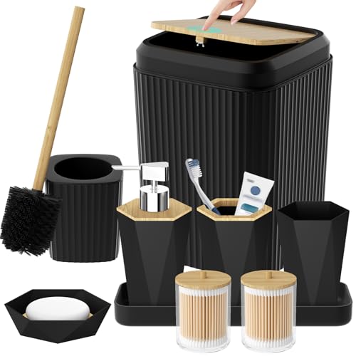 Black Bathroom Accessories Set, Unbreakable Bathroom Set, Trash Can, Toilet Brush with Holder, Soap Dispenser, Toothbrush and Toothpaste Holder, Tumbler, Soap Dish, Qtip Holders, Tray, Bamboo Decor - color: Black, size: 9 Pieces