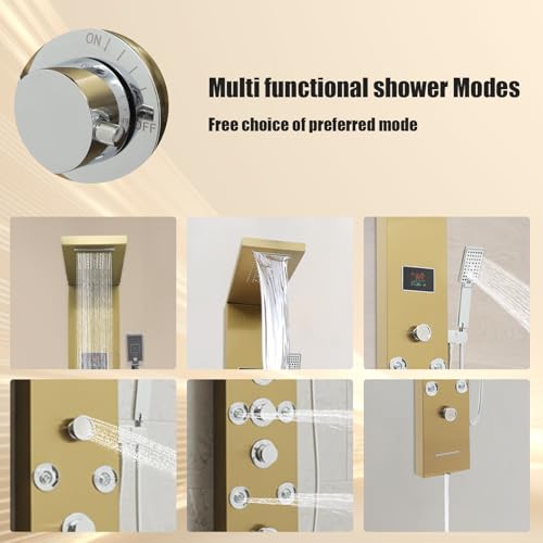 6-in-1 LED Shower Panel Tower System with 8 Adjustable Body Jets, Rainfall & Waterfall Shower, Smart Temperature Display, 59" Hose, Brushed Gold Stainless Steel, Wall Mounted - color: Gold
