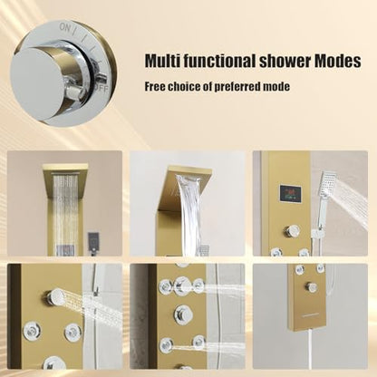 6-in-1 LED Shower Panel Tower System with 8 Adjustable Body Jets, Rainfall & Waterfall Shower, Smart Temperature Display, 59" Hose, Brushed Gold Stainless Steel, Wall Mounted - color: Gold