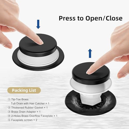 Tip-Toe Bathtub Drain Kit with Hair Catcher, Matte Black | 2-Hole Overflow Faceplate, Solid Brass, 5-Layer Plated, Fits 1.5"/1.75" Drains, For Bathroom Remodel, Matches Fixtures - color: Matte Black