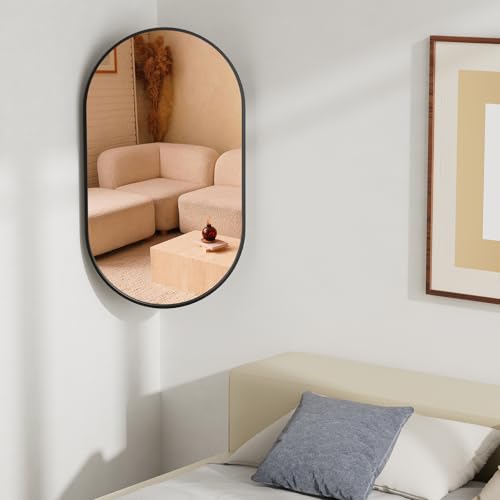 32" x 20" Black Oval Wall Mirror, Capsule Extendable Swivel Bathroom Vanity Makeup Mirror, 360 Rotation Folding Extendable Arm Vanity Mirror for Wall Shower Shaving