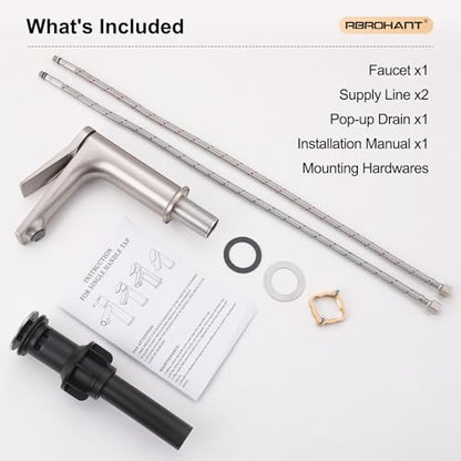 Rbrohant Single Hole Bathroom Faucet, Brushed Nickel Single Handle Bathroom Sink Faucets for 1 Hole, Bathroom Vanity Faucet with Pop up Drain, Deck Mount, R2001-BN - color: Brushed Nickel, style: No Escutcheon