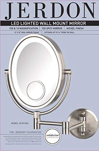 JERDON Lighted Wall-Mount Makeup Mirror - 10X/15X - Nickel - HL9515NL | Two-Sided 8" x 10" Oval Frame, 14" Wall Arm, LED, Plug-In Power - color: Nickel Plug in