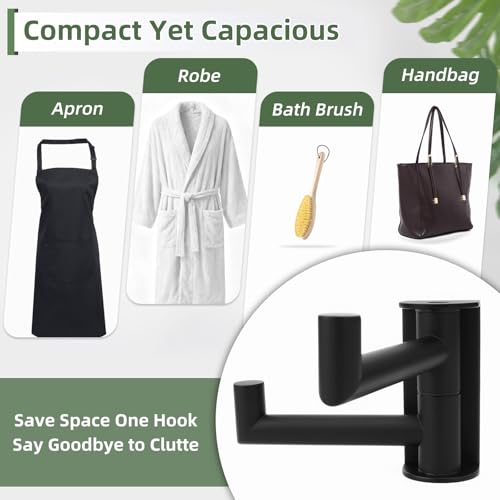 Aomasi Matte Black Swivel Towel Hook 2 Arms, 304 Stainless Steel Bathroom Double Towel Holder, Wall Mounted - color: Matte Black, size: 1 Pack