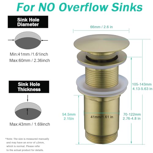 All Metal Bathroom Sink Drain,Pop-up Drain with Detachable Basket Stopper,Anti-Clogging Drain Strainer,Hair Catcher,for Vanity Vessel Sink Without Overflow,Brushed Gold,SE83997PB-BG - color: Brushed Gold(without Overflow)