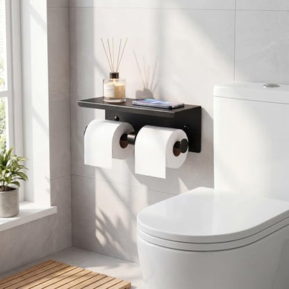 Double Toilet Paper Holder with Shelf, Wall Mount Tissue Roll Holder for Bathroom, 304 Stainless Steel Commercial Toilet Tissue Dispensers with Phone Shelf(Black) - color: Black