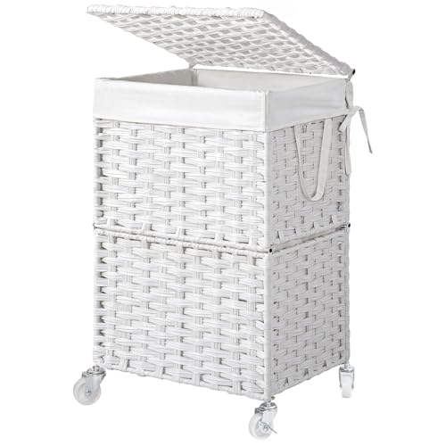 Chrislley Wicker Laundry Basket with Wheels,Rolling Laundry Hamper with Lid | 90L Slim Clothes Hamper with Wheels & Removable Liner Bag, Handwoven Rattan Laundry Organizer for Bedroom, Bathroom, White - color: White