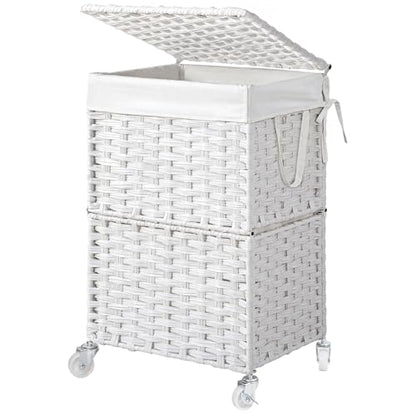 Chrislley Wicker Laundry Basket with Wheels,Rolling Laundry Hamper with Lid | 90L Slim Clothes Hamper with Wheels & Removable Liner Bag, Handwoven Rattan Laundry Organizer for Bedroom, Bathroom, White - color: White