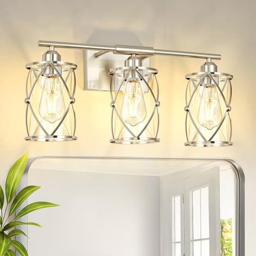 3-Light Brushed Nickel Bathroom Light Fixtures, 21 Inch Modern Bathroom Vanity Lighting Fixtures Over Mirror with Clear Glass and Metal Cage Wall Sconce Lights for Bath, E26, CH9176BN-3W - color: Nickel + Clear Glass, size: 3-Light, 21" L