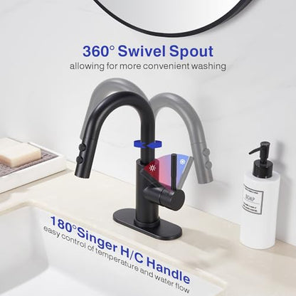 Bathroom Faucet with Sprayer, Matte Black Single Hole with Pop-Up Drain | Kablle Single Handle Pull Out 1 or 3 Hole Laundry Bar Basin Faucet with Deck Plate, KBL-7002B-CL - color: Matte Black