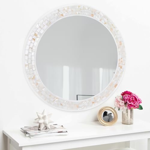 24 Inch Round Mirrors with Mosaic Frame for Wall | Natural Mother of Pearl Inlay, Coastal White Framed Circle Mirror with Tempered Glass for Bathroom, Bedroom or Entryway - size: 24"L x 24"W